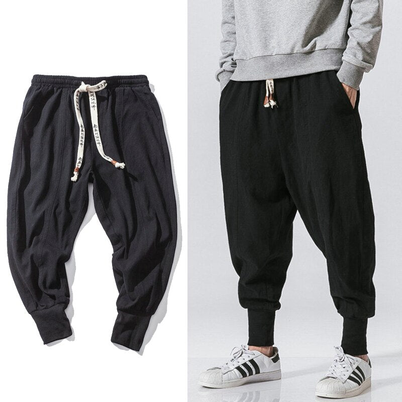 Bonsir Chinese Style Harem Pants Men Streetwear Casual Joggers Mens Pants Cotton Linen Sweatpants Ankle-length Men Trousers M-5XL