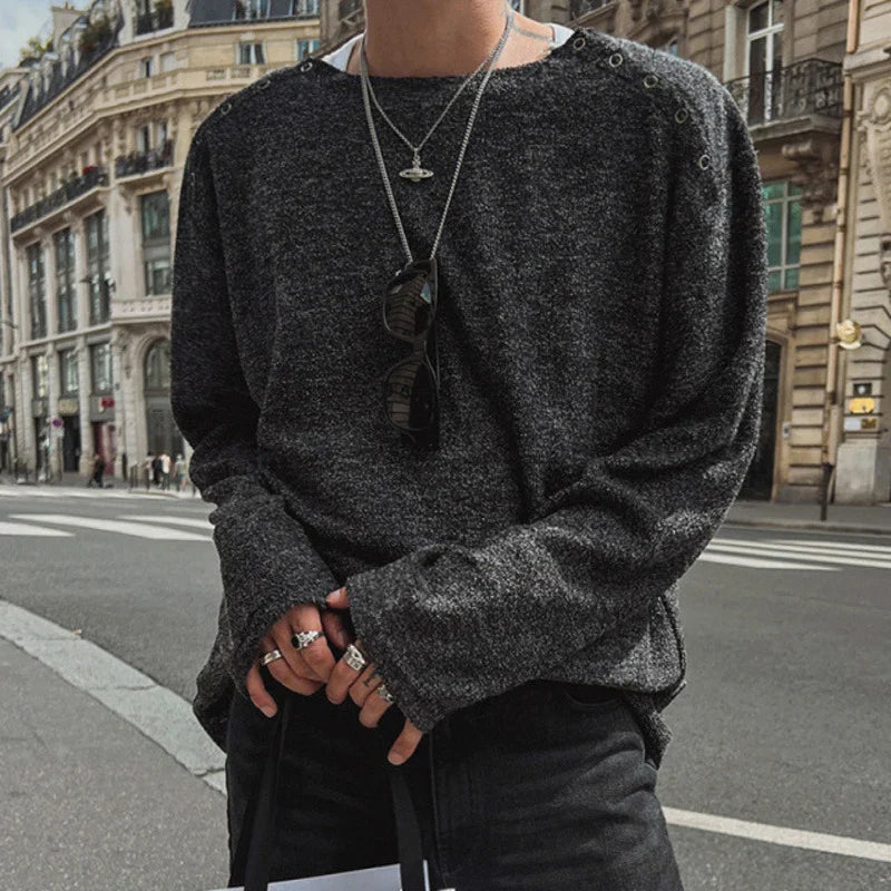 sanyamk - Niche Design Men's T-shirts Round Collar Casual Metal Button Tees Long Sleeve Loose Solid Color Male Top New Fashion 9C7904