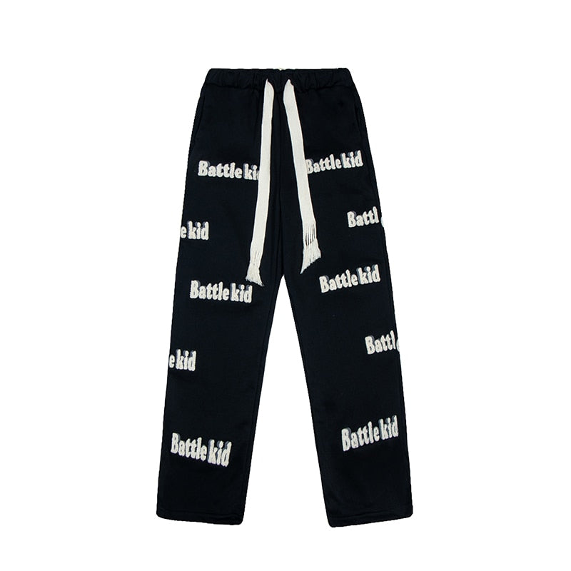 sanyamk Harajuku Letter Embroidery Spliced Retro Denim Trousers Mens and Womens Drawstring Straight Oversized Casual Jeans Pants