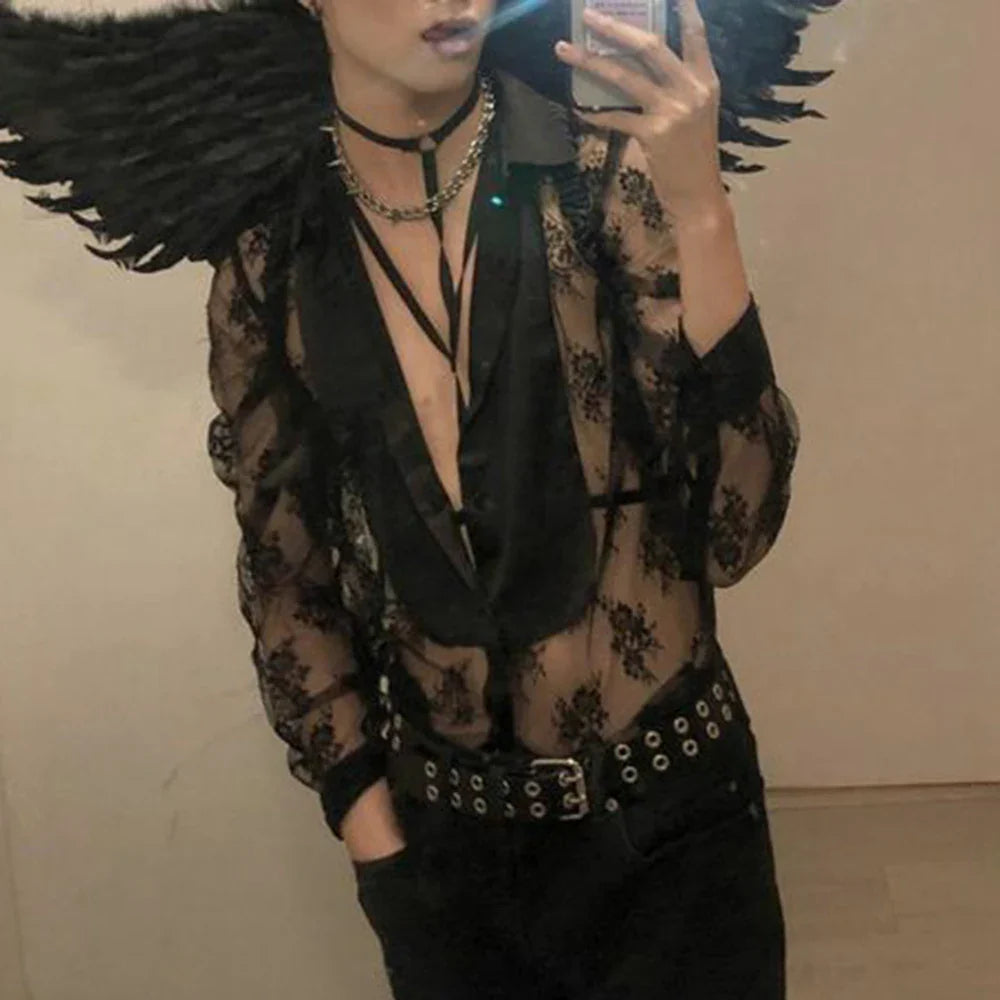 Bonsir Autumn Men's Sexy Lace See-through Nightclub Party Short Sleeve Shirt Retro Vampire Loose Top LGBT Shirt