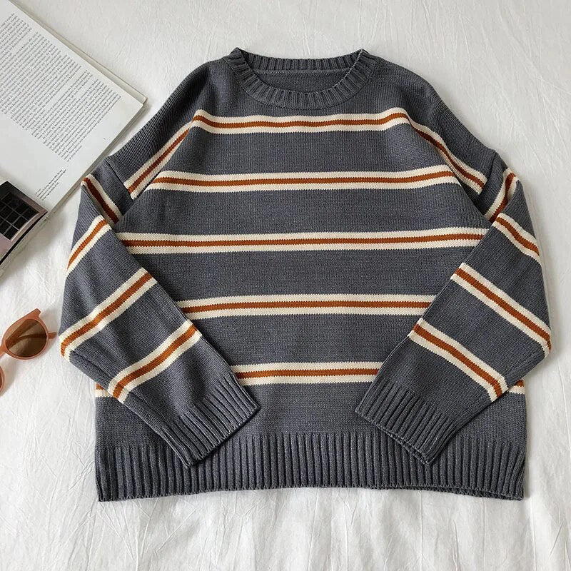 Bonsir Vintage Stripe Sweaters Women Loose Oversize Korean Style Pullover Top Autumn Winter Long Sleeve Knitted Sweater Femme