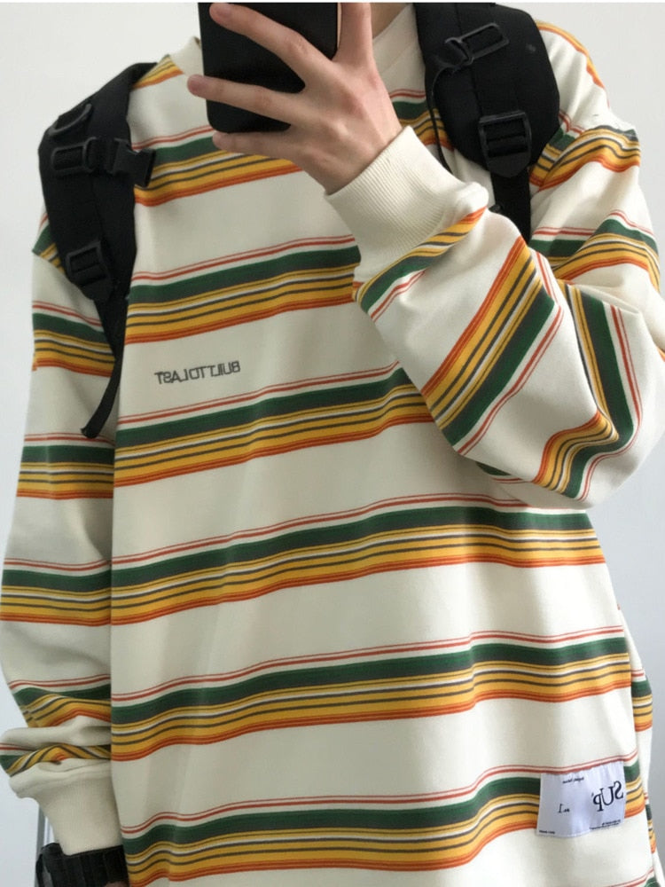 Bonsir Japanese Casual Harajuku Striped Long Sleeve T-Shirt Men's Loose Plus Size Simple All-match Clothes Hip Hop Couple Streetwear