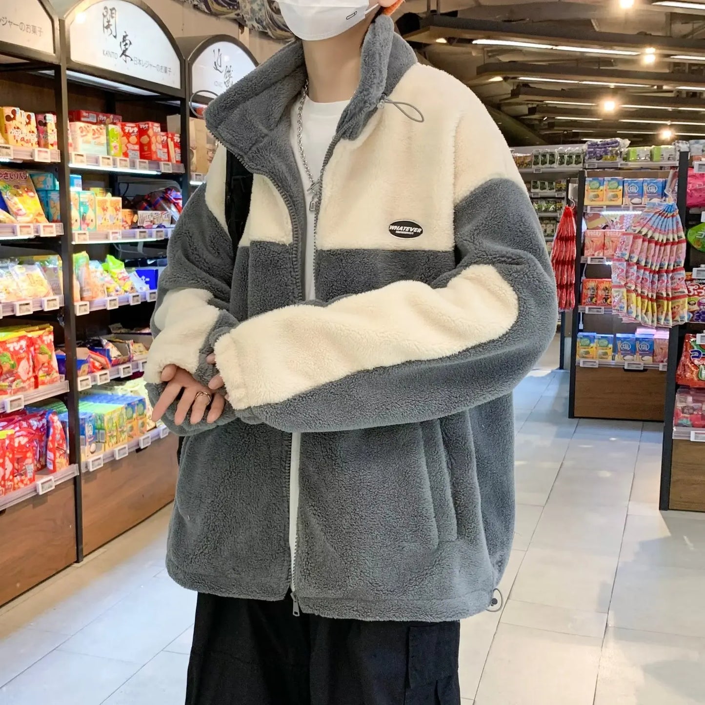 sanyamk Winter Fleece Fluffy Jacket Warm Fuzzy Zipper Patchwork Coat Men Autumn Lightweight Jackets Streetwear Hip Hop Harajuku