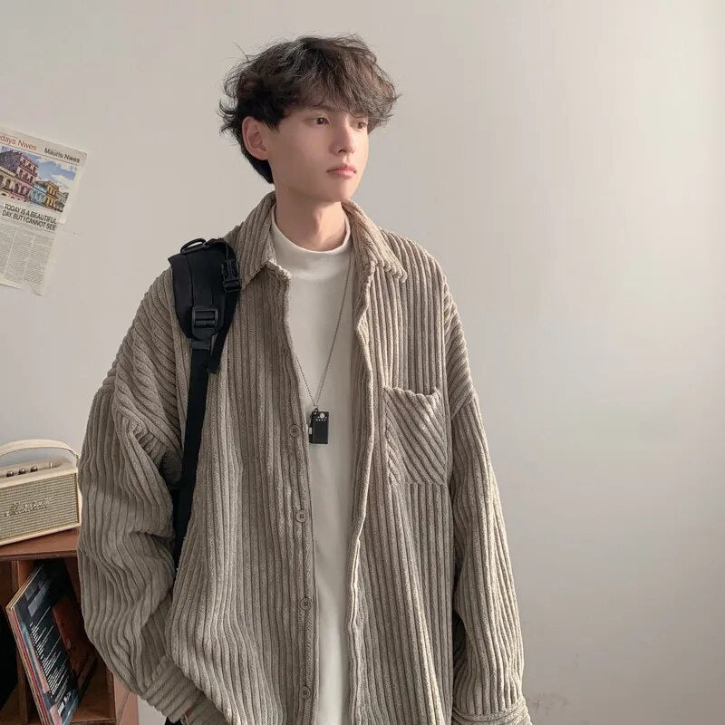 Bonsir Thicken Corduroy Shirt Men Fashion 4-color Retro Casual Thick Shirts Mens Streetwear Korean Loose Long Sleeve Shirt Men M-2XL