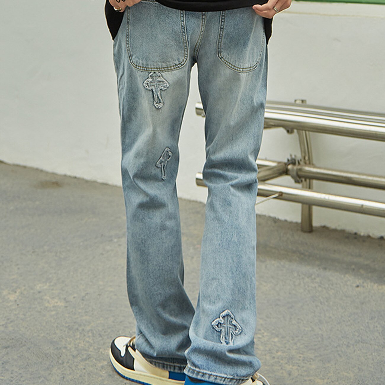 sanyamk Cross Patch Jeans Men Hip Hop Streetwear Fashion Vintage Pants High Street Pants White Baggy Denim Light Color Jeans