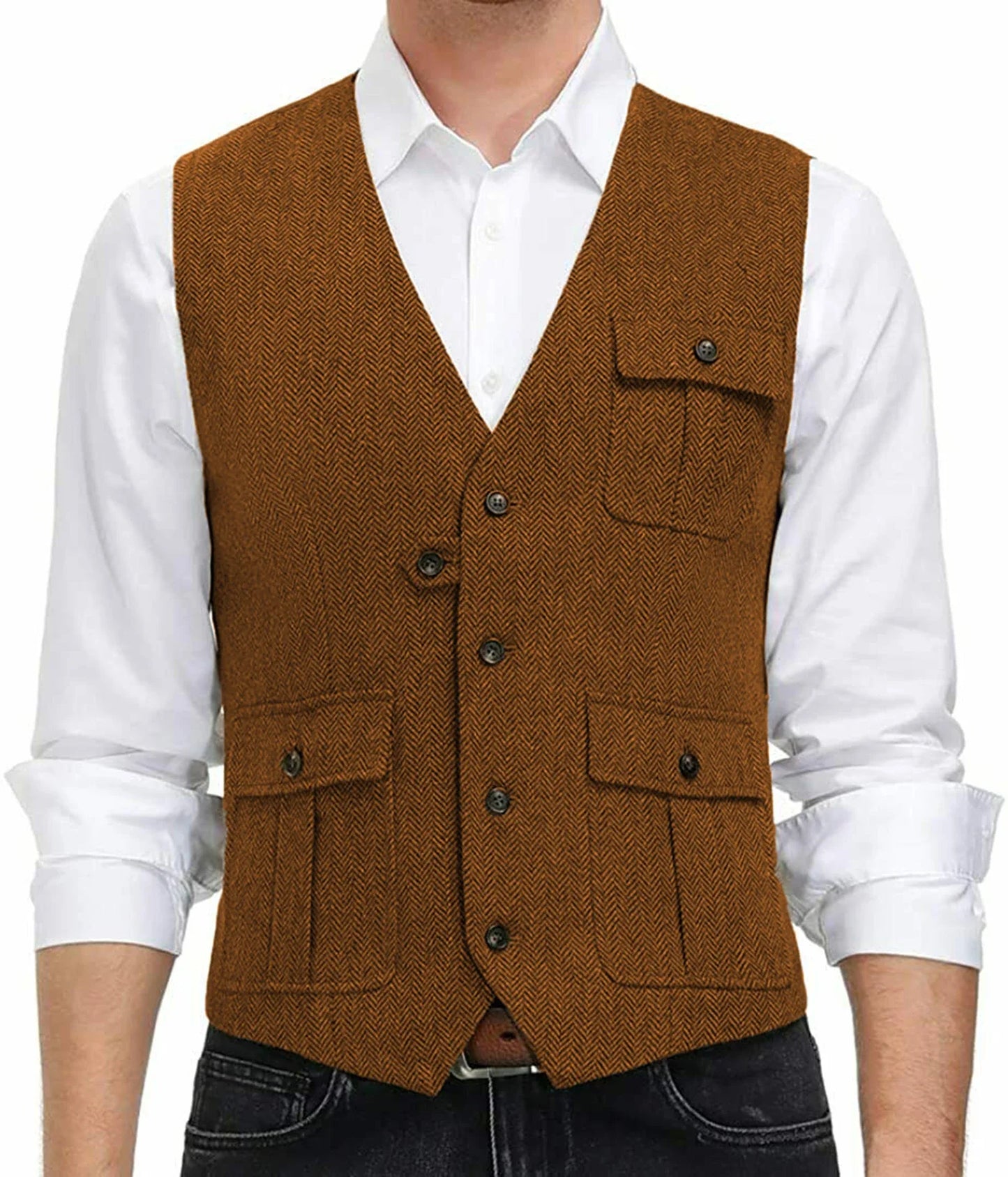 sanyamk Light Blue New Men Vest Wool Tweed Casual Waistcoat Formal Business Vest For Wedding Groomsmen Party Banquet Suit