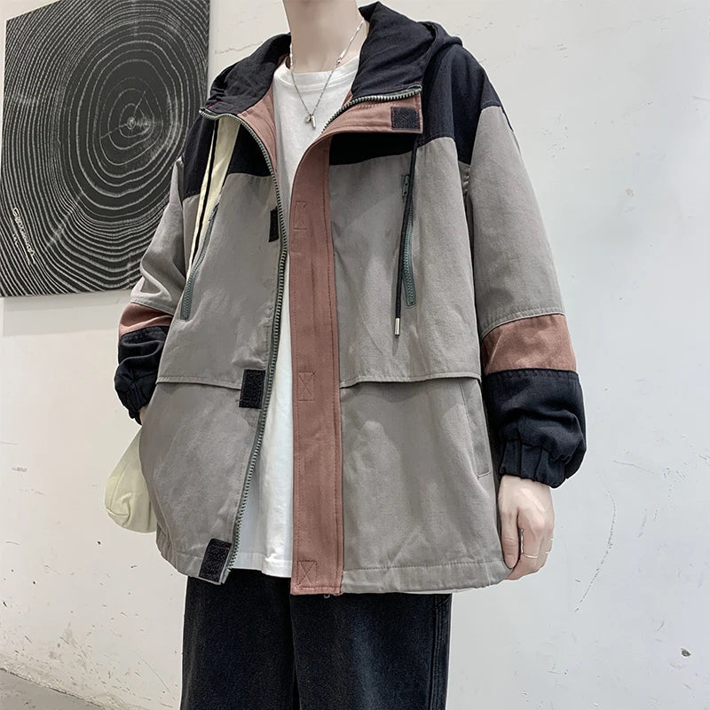 BONSIR - Korean Men Spring Autumn Bomber Jackets Mens Patchwork Casual Jacket Coat Fashion Hooded Zipper Workwear jacket Outerwear