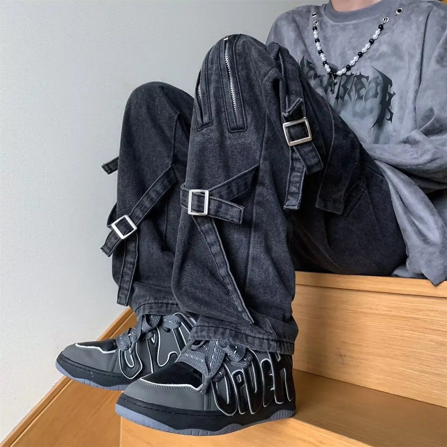 sanyamk American Style Vibezip-up Trendy Jeans For Men Loose-fit Bell Bottoms Ins High Street Gangsta Style Casual Workwear