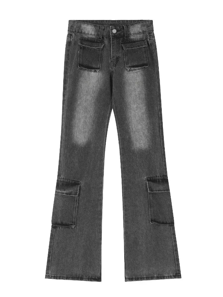 sanyamk Bootcut Jeans Men Flare Pants Hip Hop Distressed Denim Cargo Trousers Male Low Waist Casual Japanese Streetwear Pocket