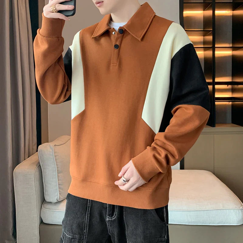 BONSIR - Men's Hoodies Spring and Autumn New Stand Collar Button Patchwork Trendy Pullover Loose Long Sleeved Casual T-shirt Tops