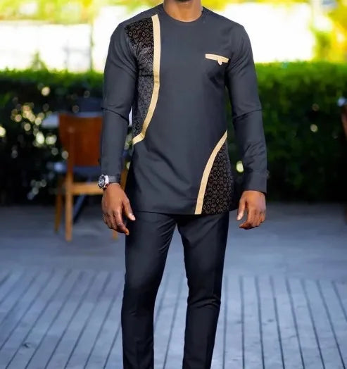 sanyamk - Kaftan Summer Men's Suits Short Sleeve Solid Top Pants Wedding African Ethnic Casual Wear Dashiki 2PCS Suit Fashion Men's Sets
