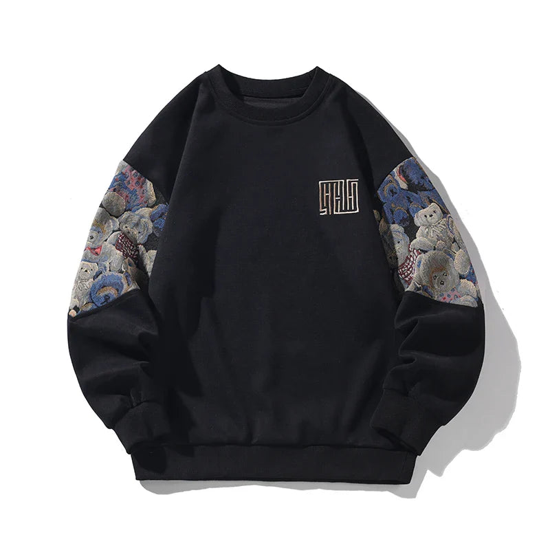sanyamk - Autumn New Men's Sweatshirts Bear Parttern Patchwork Oversized Male Clothing Embroidery Design Round Neck Pullover Tops