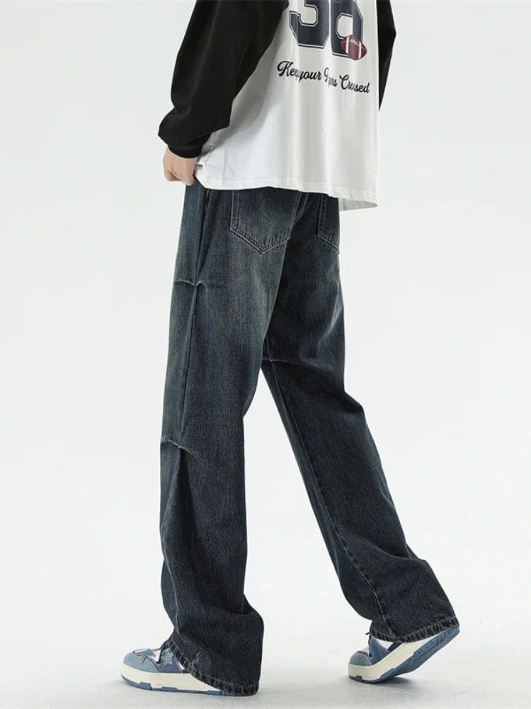 Bonsir Autumn New Wide Leg Jeans Men Belt Buckle Trousers Neutral Loose Casual Hip Hop Streetwear Washed Vintage Wrinkled Denim Pants
