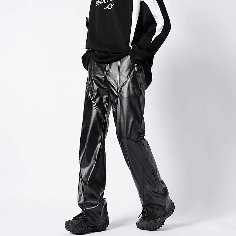 sanyamk - Autumn Winter Men's Leather Motorcycle Pants Black Punk PU Pants Men Women Straight Mopping Trousers Streetwear Waterproof