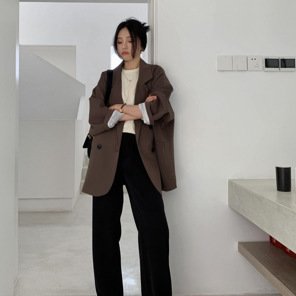 sanyamk New 2022 Vintage Loose Women Solid Blazer Autumn Chic Double Breasted Female Long Sleeve Suit Jackets Stylish Ladies Blazer