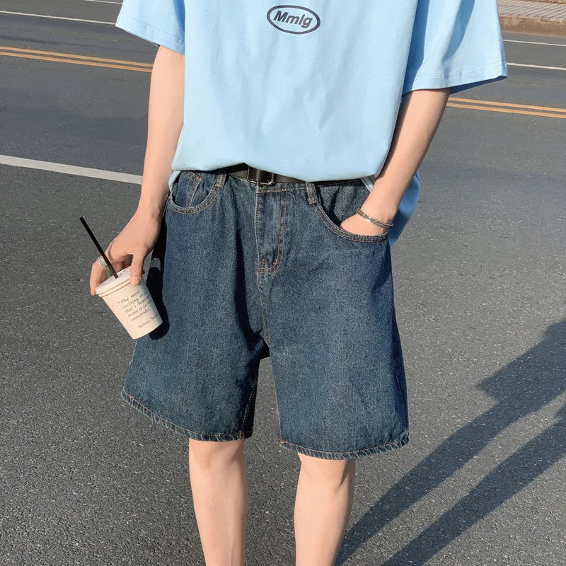 sanyamk Summer Denim Shorts Men Fashion Retro Blue Denim Shorts Men Streetwear Korean Loose Straight Jeans Shorts Mens Five Part Pants