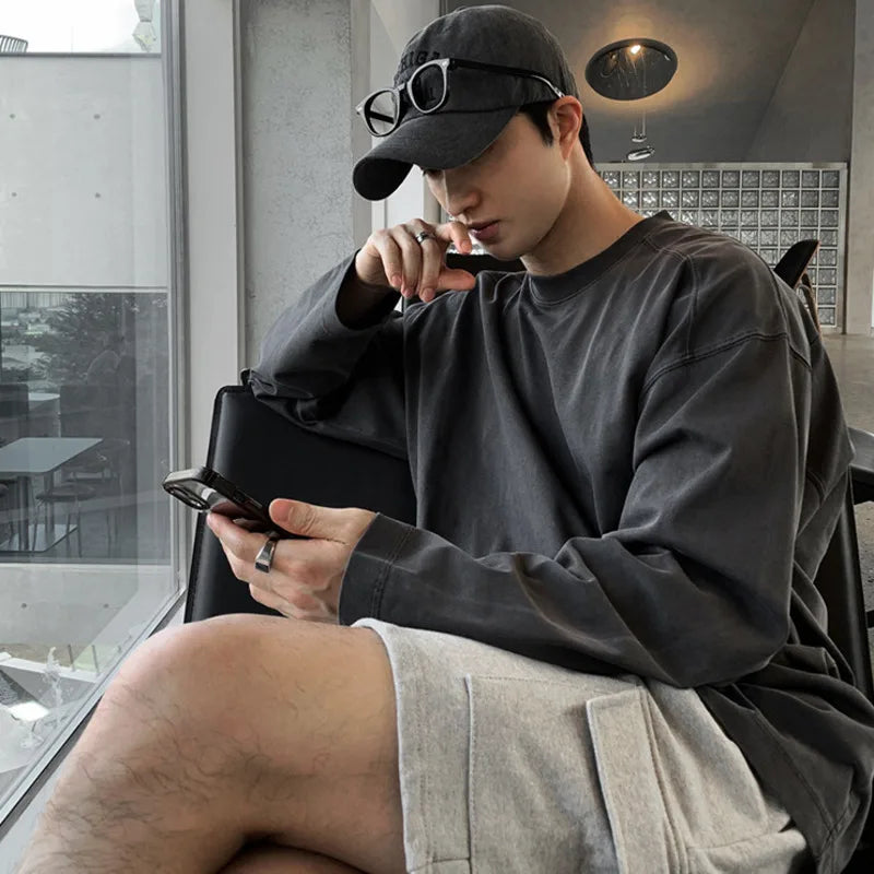 sanyamk - Solid Color Men's Tees Round Collae Long Sleeve Casual Menwear Pullover Korean Style Male T-shirts Simple New Autumn 9C7799