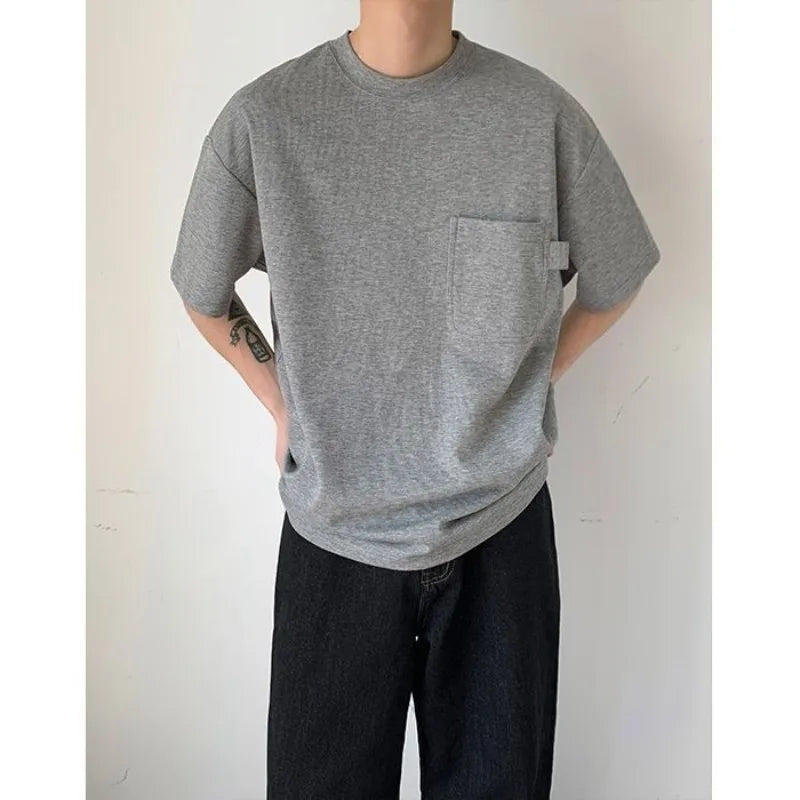 sanyamk - Summer Design Pocket 100% Cotton T-shirts for Men O-Neck Solid Color Bottoming Top Short Sleeve Loose Tee Harajuku T-shirt