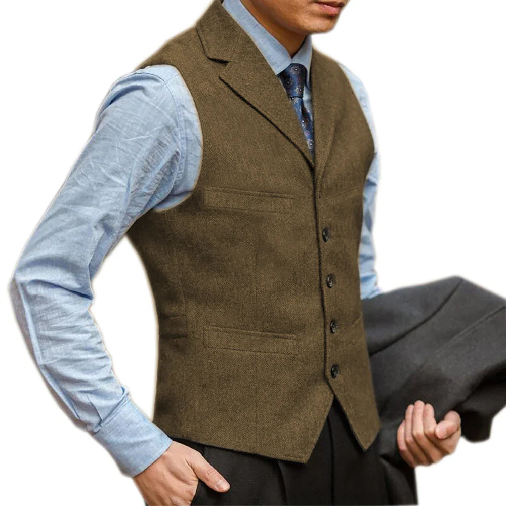 sanyamk Men Vest British Herringbone Tweed Suit Vest Business Formal Dress Waistcoat Notch Lapel Sleeveless Casual Suit Vests