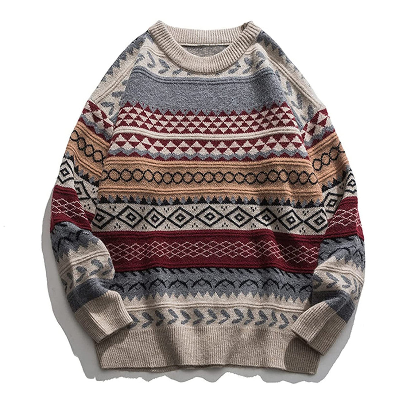 Bonsir Vintage Print Colorblock Sweater Oversize Warm Elasticity Sweater Men Women Autumn Winter New Fashion Loose Pullovers