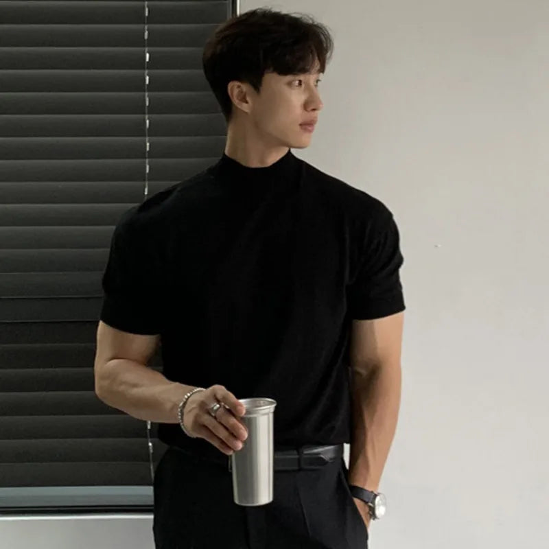 sanyamk - Business Casual Men's T-shirts Knitting Mock Neck Short Sleeve Loose Male Tops Solid Color Minimalist New Summer 9C6418