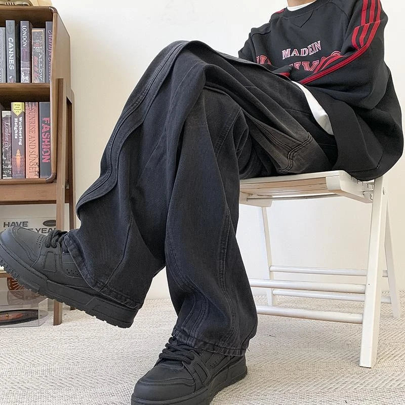 sanyamk Fashion High Street Mens Baggy Jeans Man Pants Black Blue Vintage Distress Layer Straight Long Denim Trousers Hip Hop Clothing