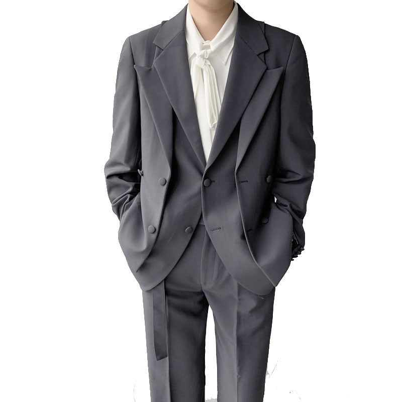 sanyamk Double Collar Design Suits Sets Men Fashion Show Korean Office Business Casual Suits Blazer Jacket Pant Streetwear Suits Man