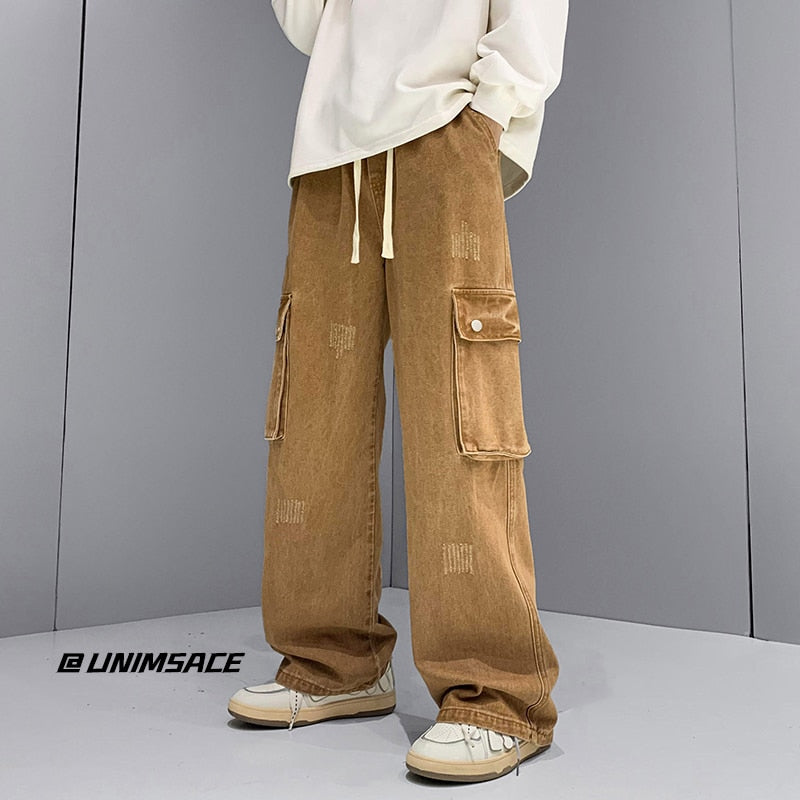 sanyamk 3 Colors Baggy Jeans Men Fashion Casual Pocket Cargo Jeans Men Streetwear Loose Hip-hop Straight Denim Pants Mens Trousers M-2XL