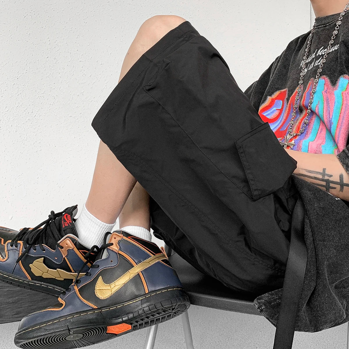 Bonsir Men Summer Cargo Shorts Buttons Loose Casual Multi-Pocket Baggy Streetwear Hip Hop Black Shorts