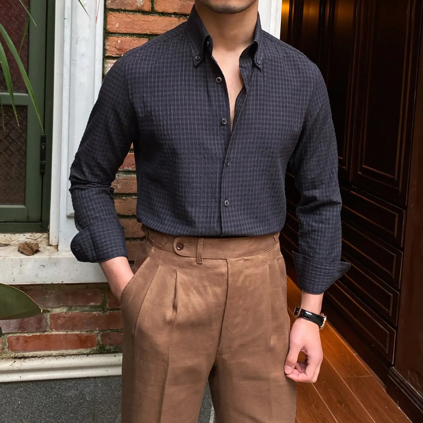 sanyamk - Men Gentlemen Seersucker Casual Long-sleeved Shirt Retro Breathable Anti Wrinkle Shirt Italian Slimming Trend Camiseta Masculina