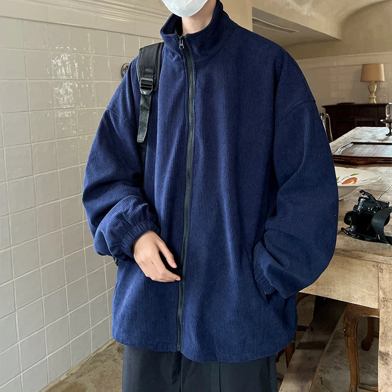 sanyamk Autumn Vintage Corduroy Jackets Men Japan Style Casual Loose Outerwear Solid High Collar Zipper Coat Fashion Oversize Clothing