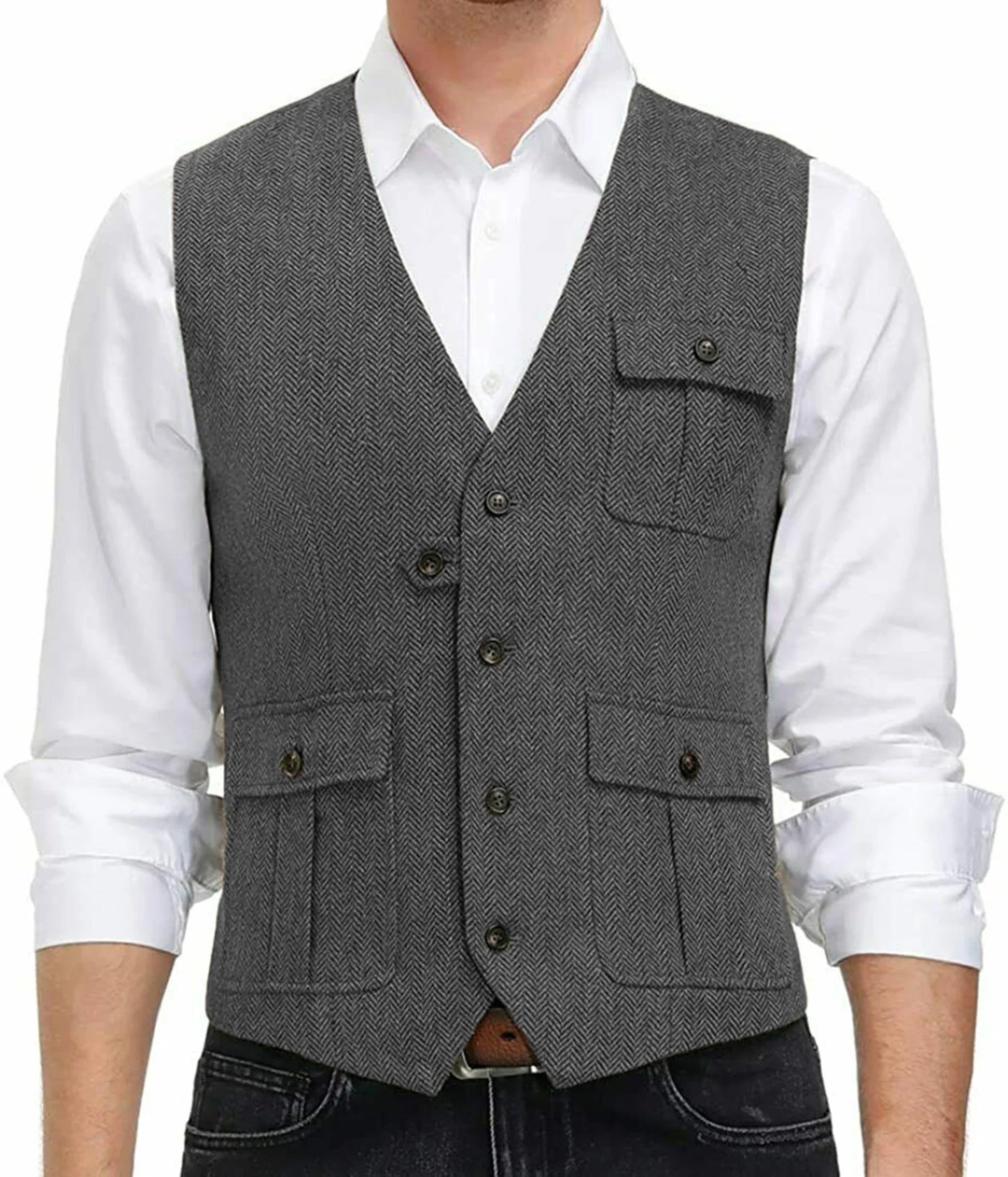 sanyamk Light Blue New Men Vest Wool Tweed Casual Waistcoat Formal Business Vest For Wedding Groomsmen Party Banquet Suit