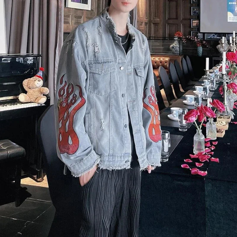 sanyamk High Street Cleanfit Ripped Flame Embroidery Hole Washed Blue Denim Jackets Men and Women Vintage Frayed Baggy Jeans Coat
