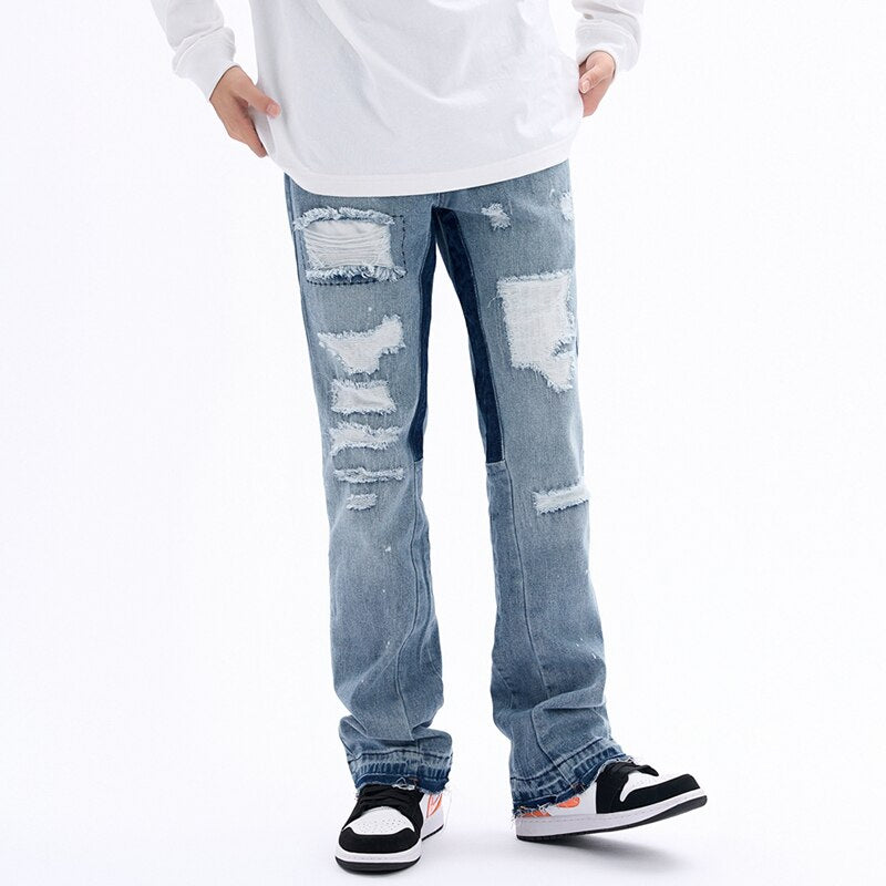 sanyamk Contrast Color Hole Ripped Distressed Blue Men's Jeans Pants Retro Streetwear Frayed Baggy Casual Flare Denim Trousers Oversize