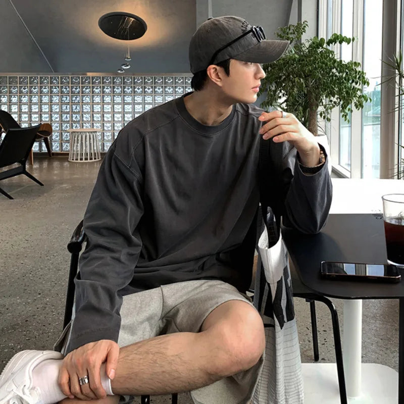 sanyamk - Solid Color Men's Tees Round Collae Long Sleeve Casual Menwear Pullover Korean Style Male T-shirts Simple New Autumn 9C7799
