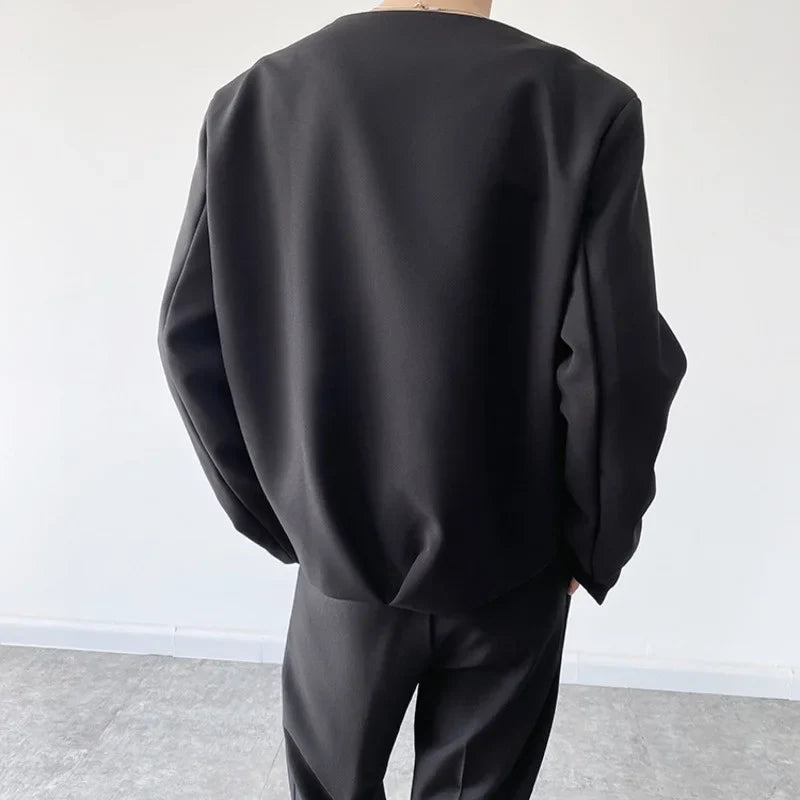 sanyamk - Personality Spring Men's Collarless Short Suit Coat New Simple Trend Black Oversized Asymmetric Breasted Clothes Y2242