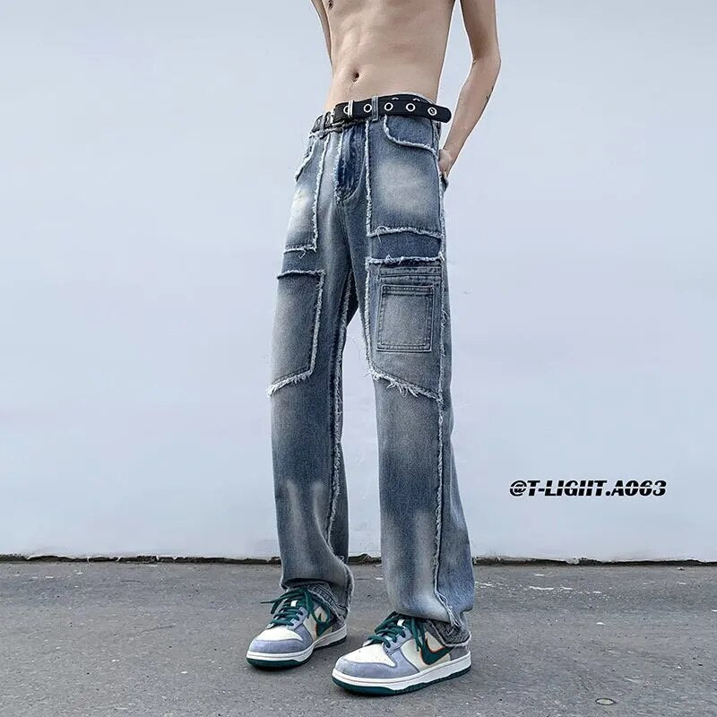 sanyamk American style raw edge multi-pocket street jeans trendy brand ruffian handsome fried street men's retro splicing tooling jeans