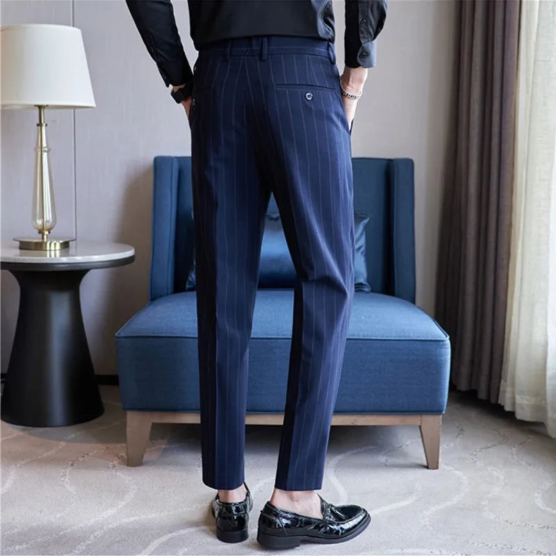 sanyamk England Style Men's Casual Striped Suit Pants Stretch Business Casual Long Slim Fit Trousers Black Blue Pencil Pants for Man
