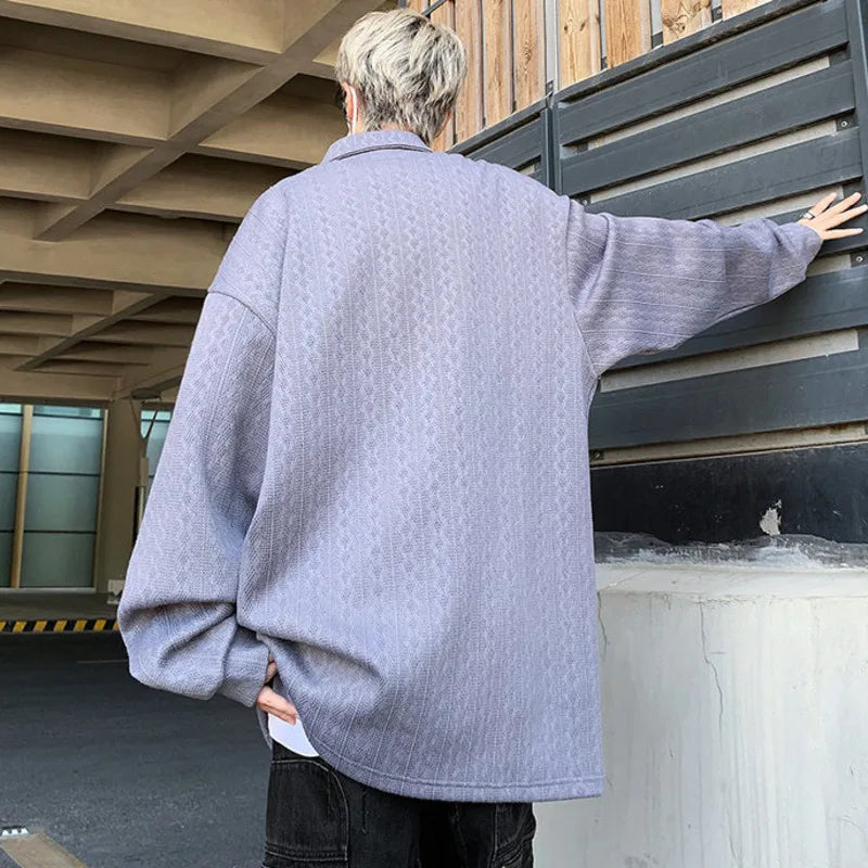 sanyamk - American Style Men's T-shirts Loose Metal Pattern Design Turn-down Collar Long Sleeve Casual Male Tees Strylish 9C6599