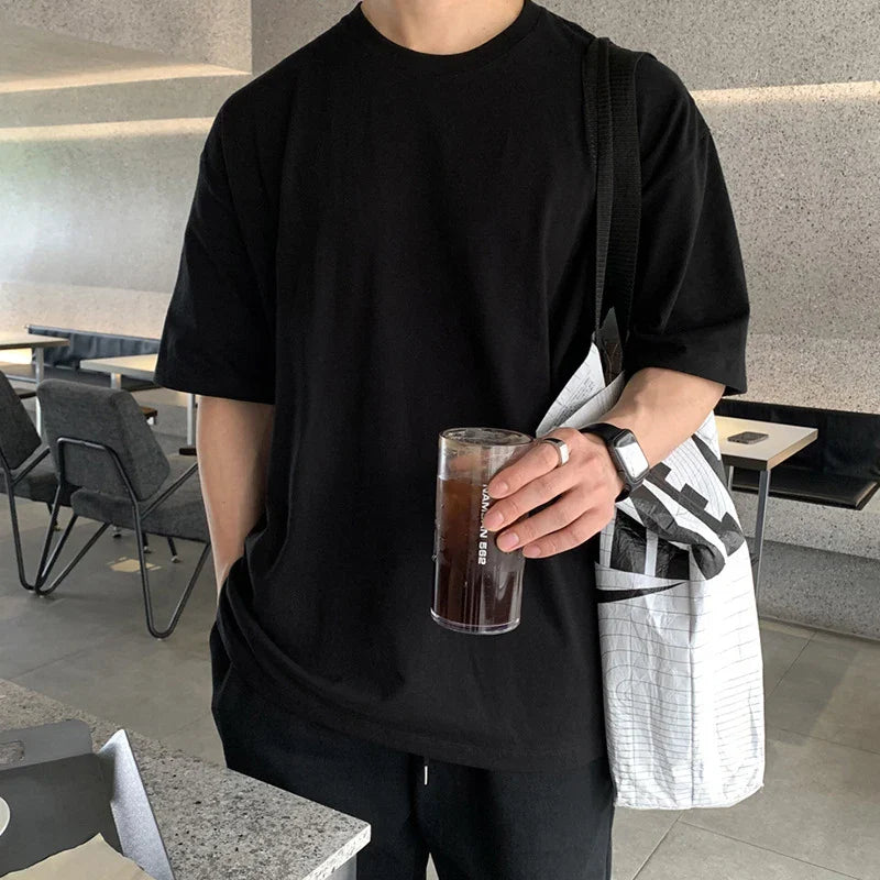 sanyamk - Summer Men T-shirts Round Neck Short Sleeve Tops Casual Solid Color Simple Male Pullover Solid Color Tees New Chic 9C6468
