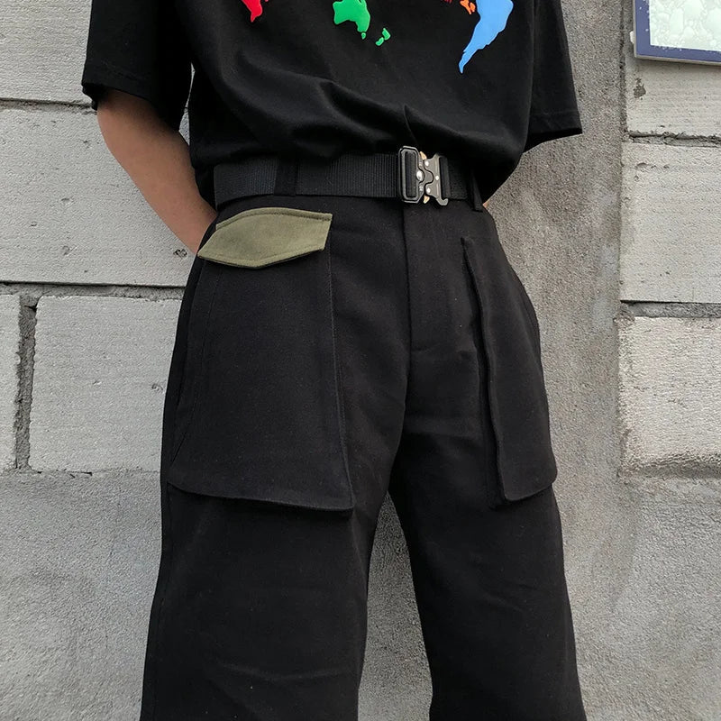 Bonsir - Street High Vibe Style Cargo Pants Men's Fashion High Street Pants Overalls Color Block Patchwrok Button Trousers 2Y5808