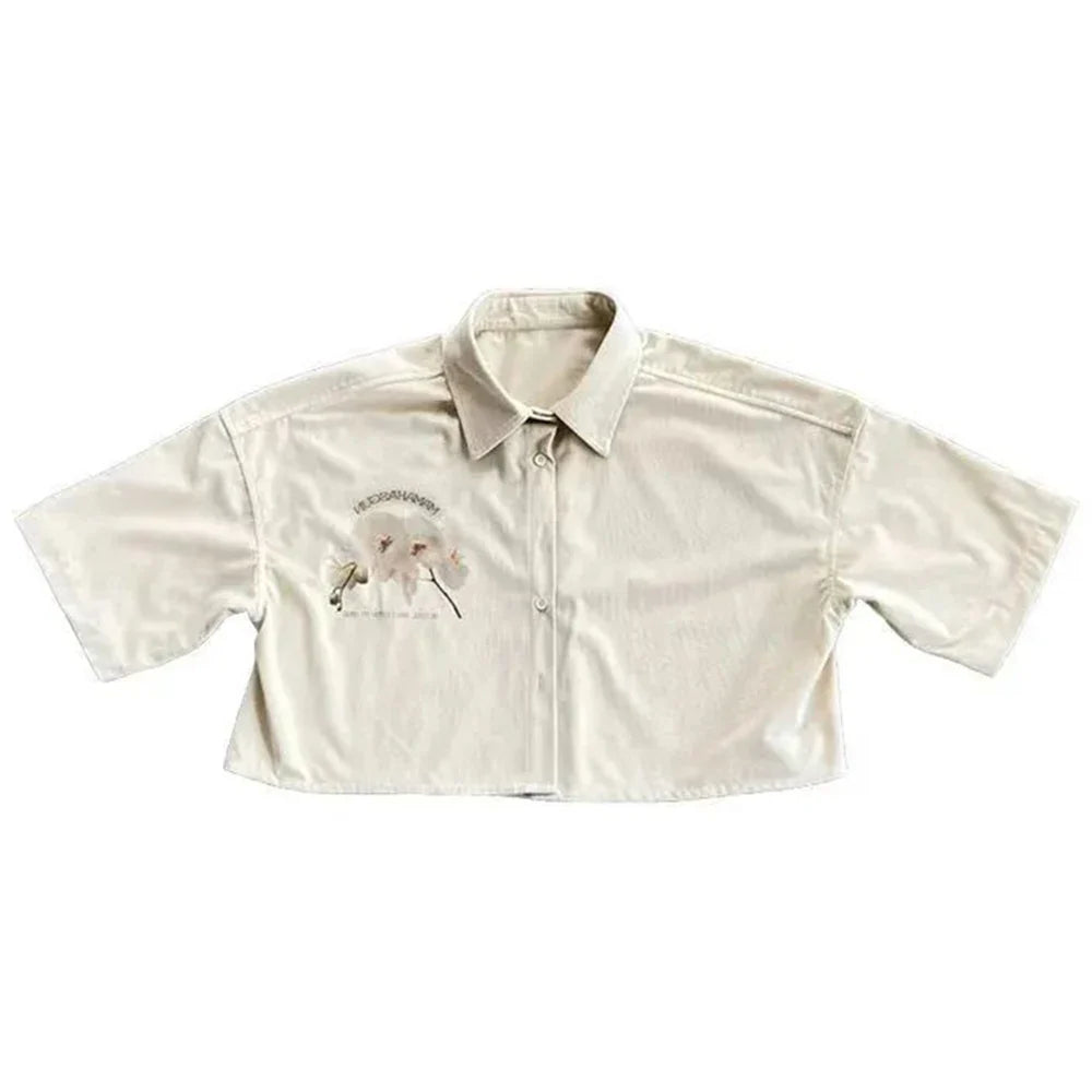 Bonsir Mens Y2k Floral Navel-Baring Graffiti Shirt 2024 Spring Summer New Genderless Fashion Streetwear Short-Sleeve Shirt Unisex