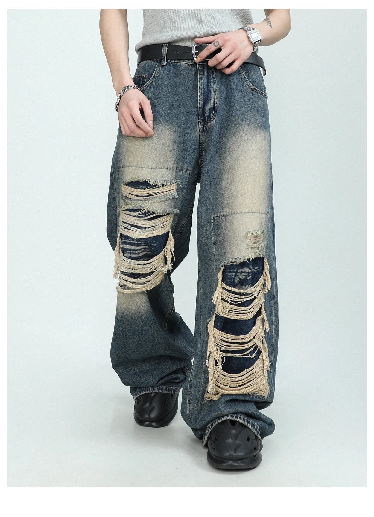 sanyamk American High end Perforated Denim Pants for Men's Design Sense Small and Loose Wide Leg Straight Leg Pants hiphop