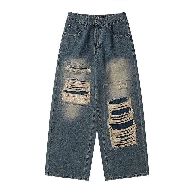 sanyamk American High end Perforated Denim Pants for Men's Design Sense Small and Loose Wide Leg Straight Leg Pants hiphop