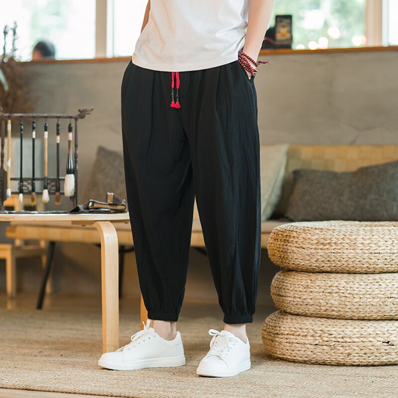 Bonsir Chinese Style Harem Pants Men Streetwear Casual Joggers Mens Pants Cotton Linen Sweatpants Ankle-length Men Trousers M-5XL