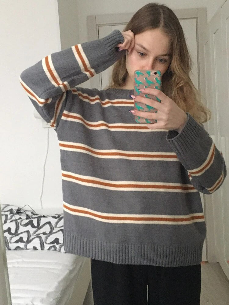 Bonsir Vintage Stripe Sweaters Women Loose Oversize Korean Style Pullover Top Autumn Winter Long Sleeve Knitted Sweater Femme