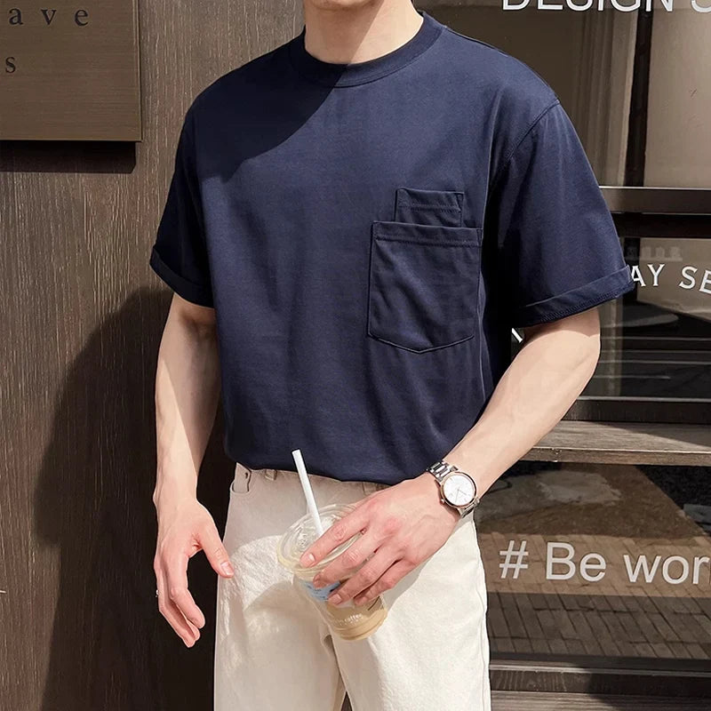 sanyamk - Trendy Pockets Pure Color Cotton T Shirt Men Short Sleeve O Neck Casual Tees For Male Summer Fashion Simple Loose Mens T-shirts