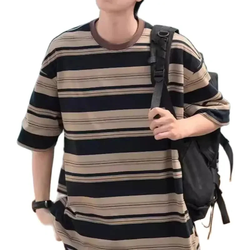 sanyamk - Fashion Striped Print Oversize T Shirt Men Summer Casual Short Sleeve Crew Neck T-shirts Streetwear Mens Stylish Loose Pullovers