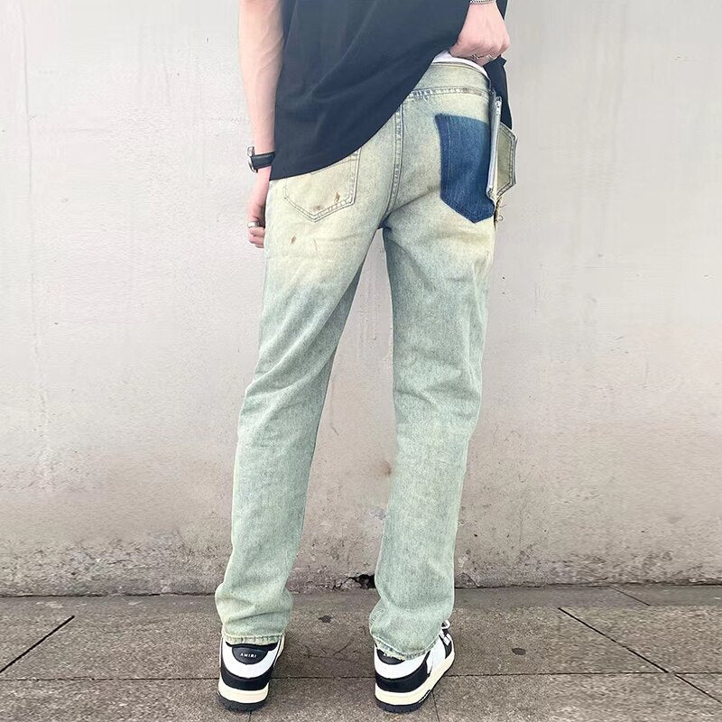 sanyamk High Street Hand Painted Distressed Washed Design Patchowrk Mens Jeans Pants Stragiht Streetwear Ripped Casual Denim Trousers