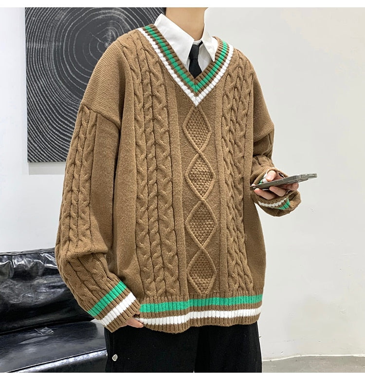 Bonsir Winter V-neck Sweater Men New Patchwork Color Knitted Sweater Pullover Harajuku Couple Streetwear Loose Knitwear Oversized 2XL